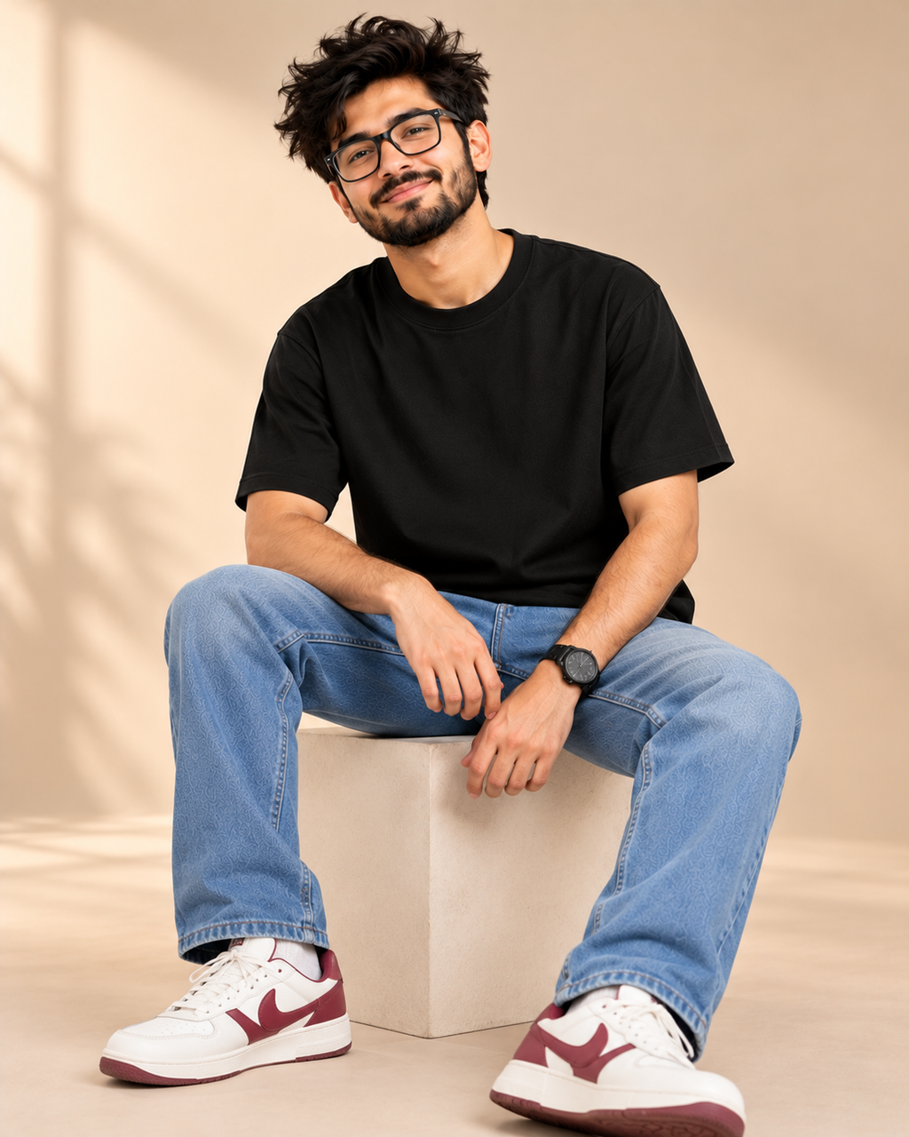 FUNTROOS black 180 GSM cotton regular fit T-shirt worn by a model in a warm studio