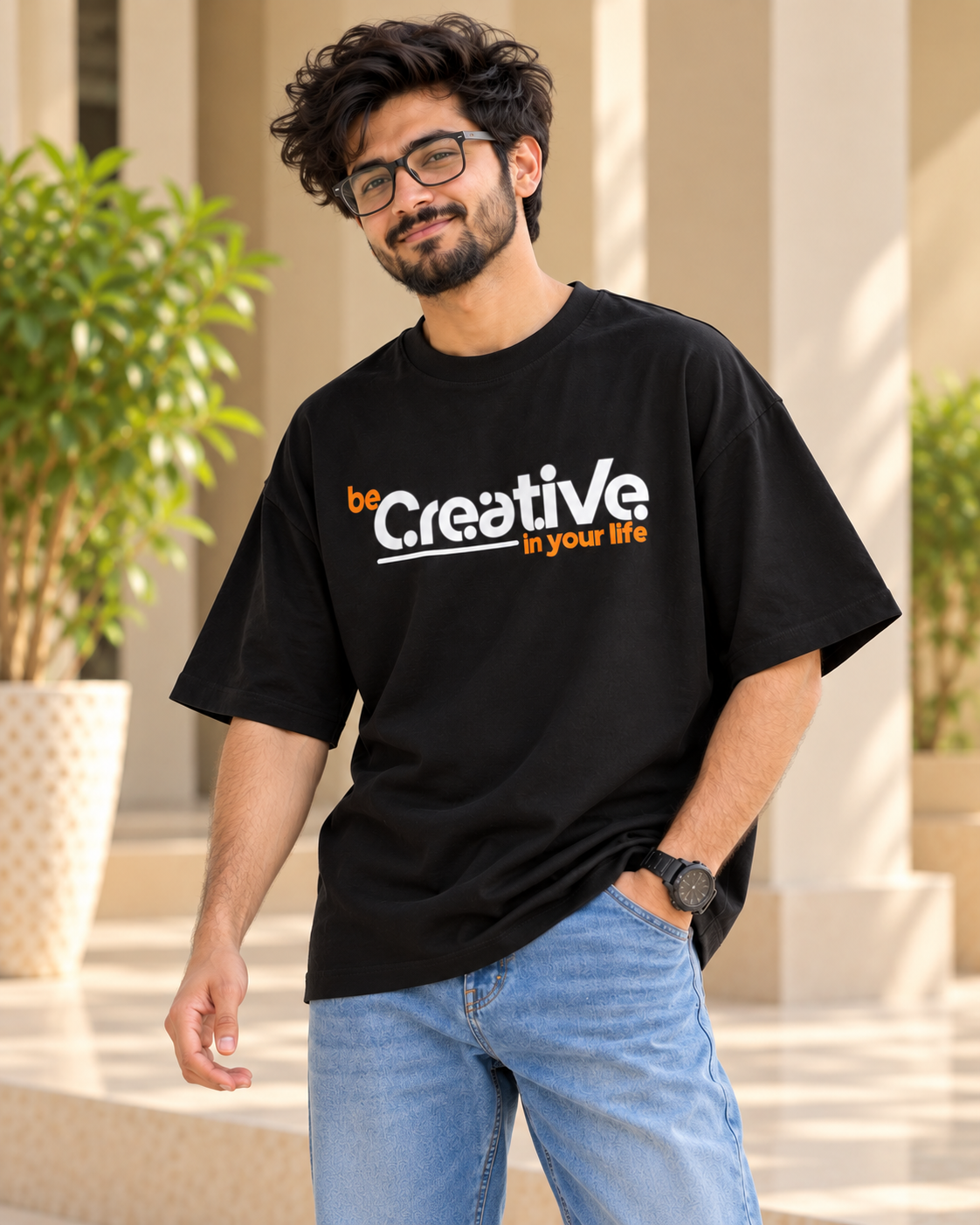FUNTROOS Be Creative in Your Life Black Oversized T-Shirt | 220 GSM-Men