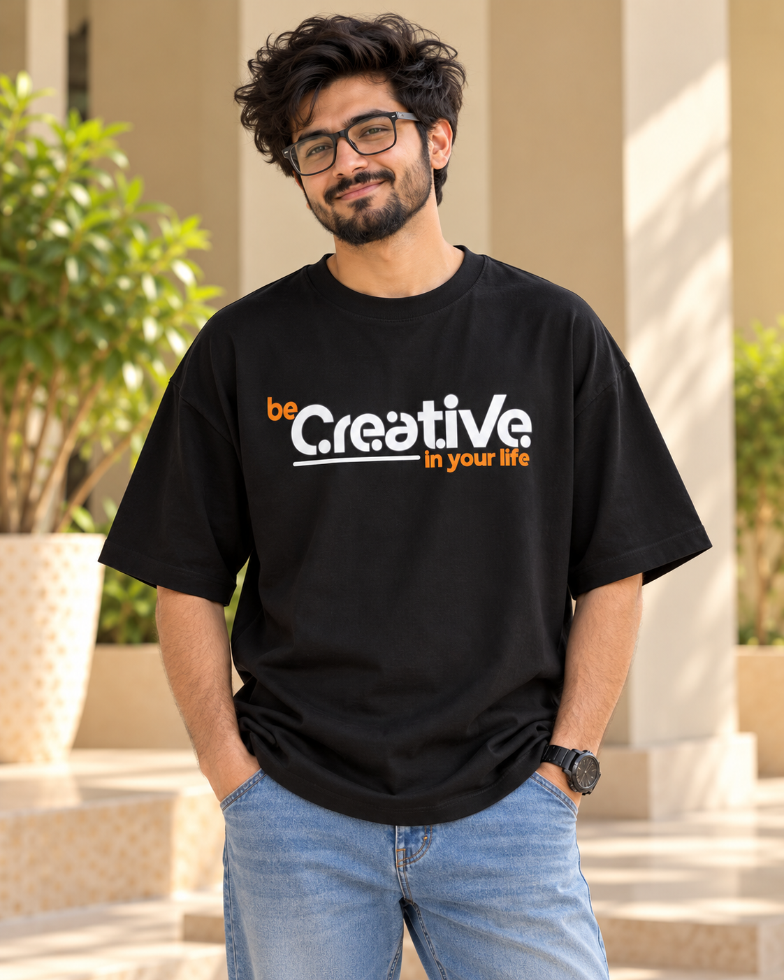 FUNTROOS Be Creative in Your Life Black Oversized T-Shirt | 220 GSM-Men