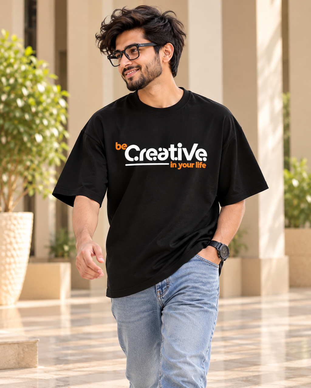 FUNTROOS Be Creative in Your Life Black Oversized T-Shirt | 220 GSM-Men